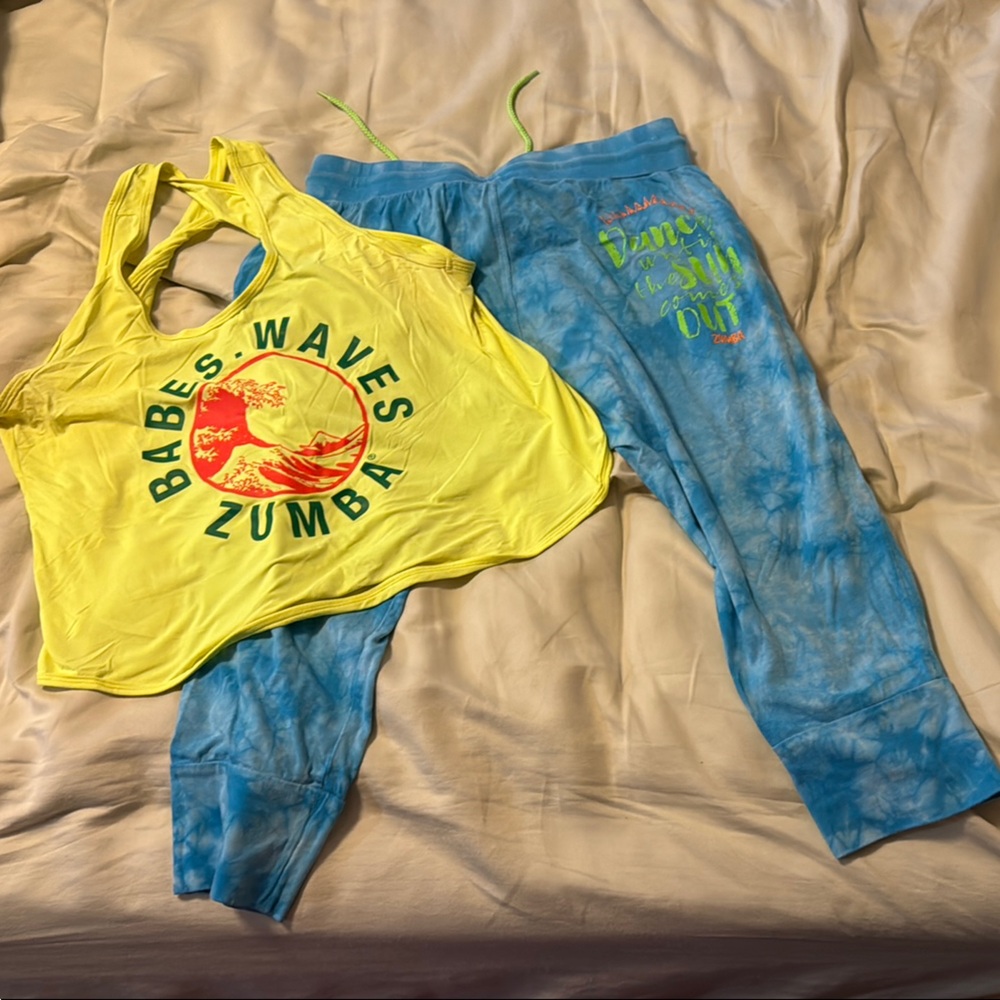 Zumba Babes Yellow Tank and Blue Tie-Dye Pants